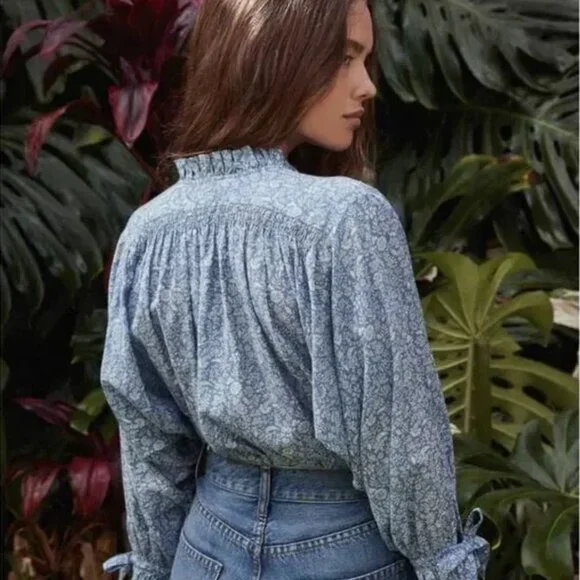 DOEN Rose Top in China Blue Mini Earl Floral Print XS like new - Picture 3 of 5